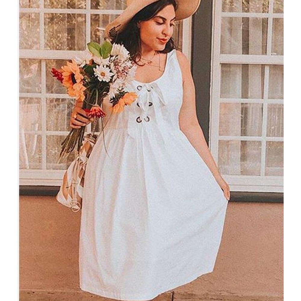WHO WHAT WEAR Perfect White XS Dress Lace Up TANK Dress With Pockets